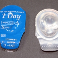 Single use contact lenses, maker unknown, early 2010's. Made from an unknown hydrogel. Collection, Katherine C. Grier.