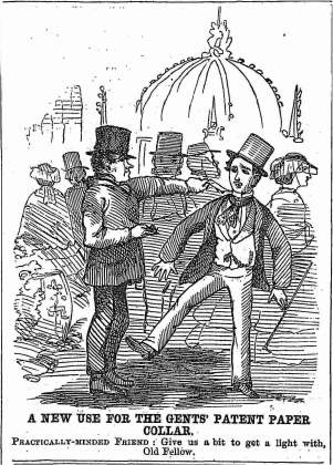 Cartoon, "A New Use for the Gents' Patent Paper Collar," Melbourne Punch, 15 April 1858.